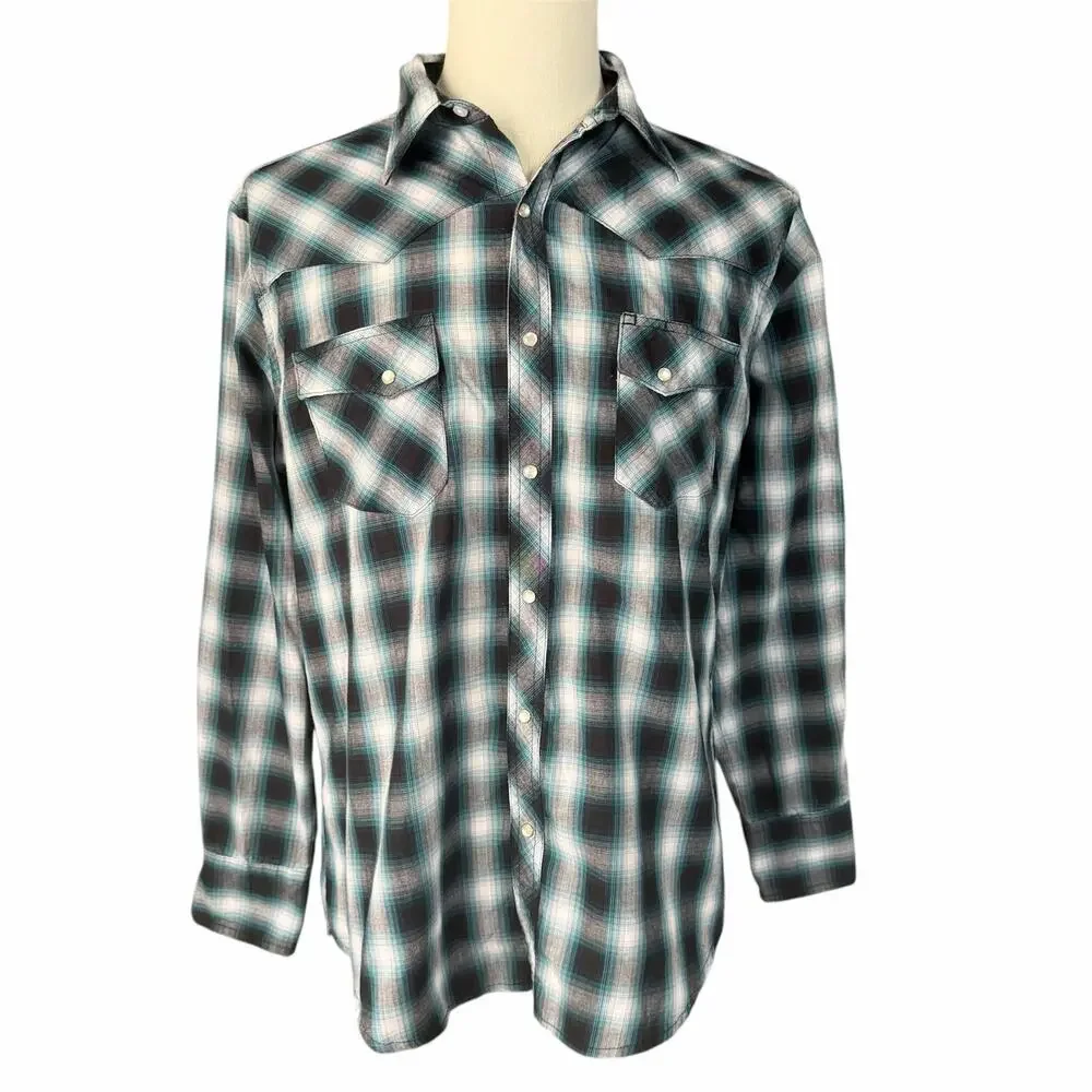 Wrangler Blue Gray Pearl Snap Western Cowboy Button Down Wrancher Shirt Sz L